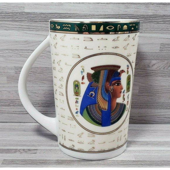 Fathy Mahmoud FM Fine Egyptian 10 oz. Coffee Mug Cup Beige Green White Gold - Picture 9 of 11